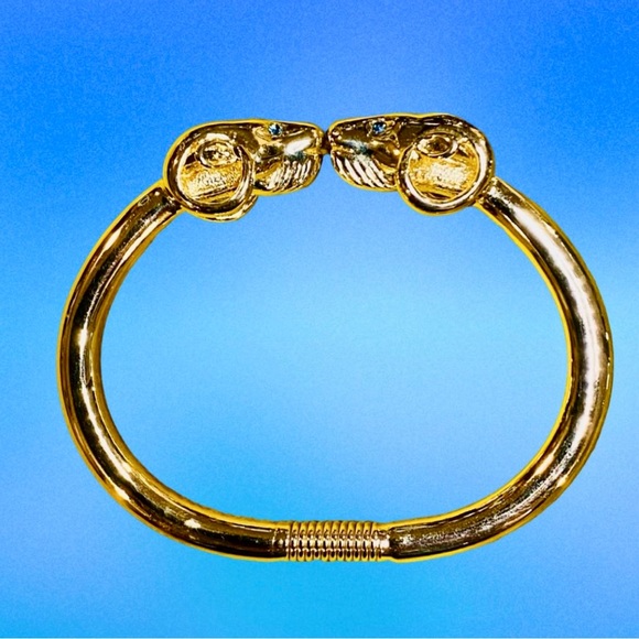 Vintage KJL 22kt Gold Plated Double Rams Head Bracelet w/ Blue Crystal Eyes - Picture 5 of 13